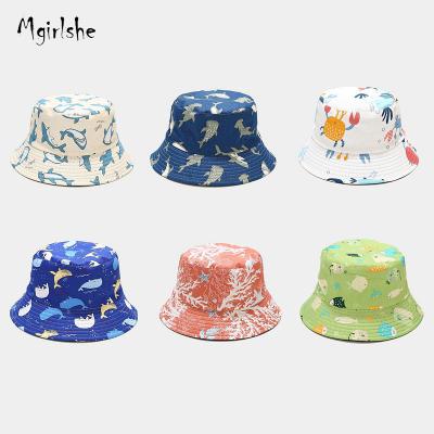 China Mgirlshe Character Fashion Cotton Ocean Cartoon Fish Sharks Crabs Reversible Bucket Hats Beach Sharks Sun Unisex Funny Printing Outdoor Boy for sale