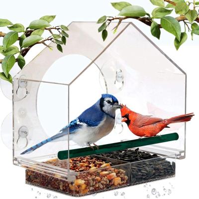 China Non-automatic Proof MVM Window Bird Feeder with 4 Cups and Split Seed Suction Slip Tray Outside Birdhouse Kit with Drainage Holes for sale