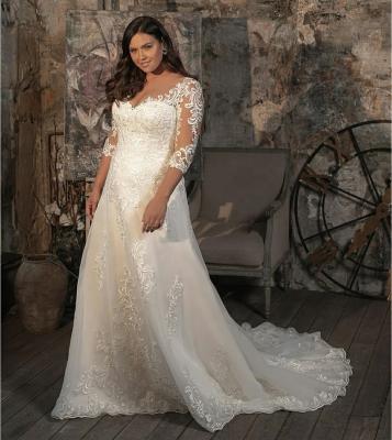 China Anti-Static Illusion Lace Appliqued Wedding Dress A Line Three Quarter Sleeve Plus Size Wedding Dress for sale