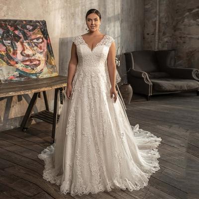 China Fashion Anti-Static Plus Size Lace Appliqued Wedding Dress A Line Cap Sleeve Chapel Train Wedding Dress for sale