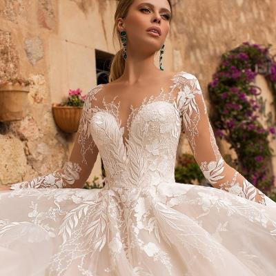 China Long Sleeve Wedding Dress O-Neck A Line Anti-Static Illusion Champagne Lace Appliqued Wedding Dress Custom Made for sale