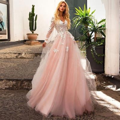 China VLLUSISA Anti-Static Illusion Long Sleeve Pink Wedding Dresses Custom Made Arabic Lace Wedding Dresses for sale