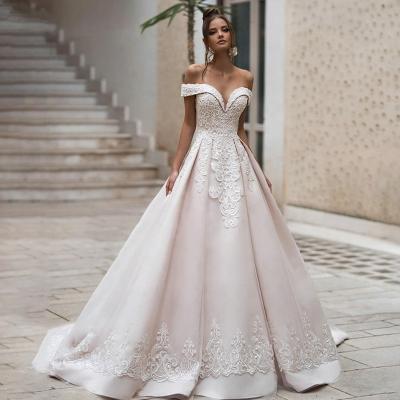 China Backless Embroidered Wedding Dress A Line Beading Elegant Anti-Static Satin Wedding Dress Off-Shoulder for sale