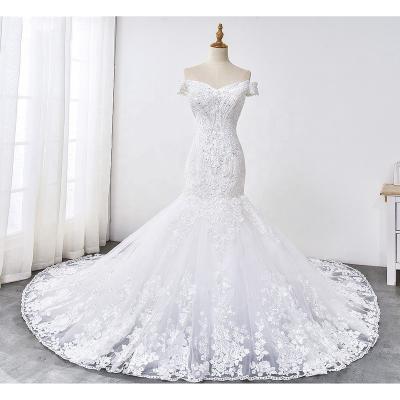 China Fashion Anti-Static Off The Shoulder Sheath Wedding Dresses Court Train Lace Appliqued Bridal Gowns for sale