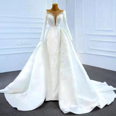 China Custom Made High End Acetate Long Sleeve Wedding Dress Anti-Static Beads Dubai Beaded Bridal Gown for sale