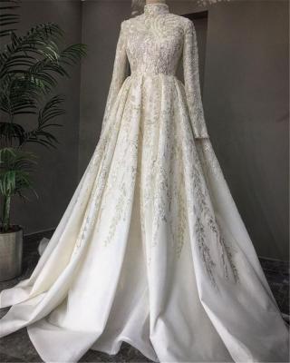 China High End Anti-static Beading Arabic Muslim Wedding Dress Ball Gown High Neck Long Sleeve Bridal Dress for sale