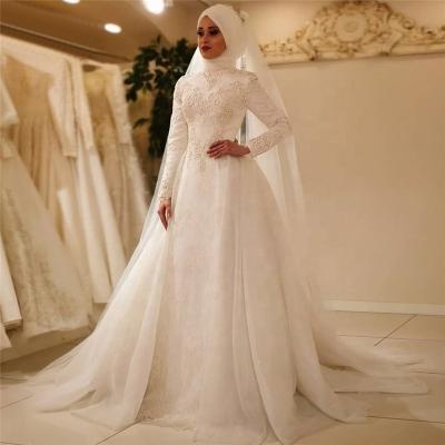 China Anti-Static Women Muslim Wedding Dresses High Neck Hijab Fashion Long Sleeve Bridal Gowns for sale