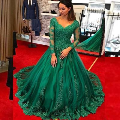 China Custom Made V Neck Long Sleeve Teal Wedding Gowns Arabic Ball Gown Wedding Dresses Anti-Static for sale