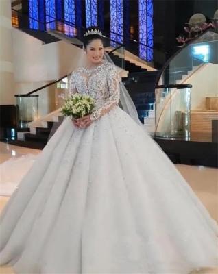 China Lace Wedding Dress Illusion Sleeve Ball Gown Anti-Static Fancy Beading Bridal Gown Long for sale