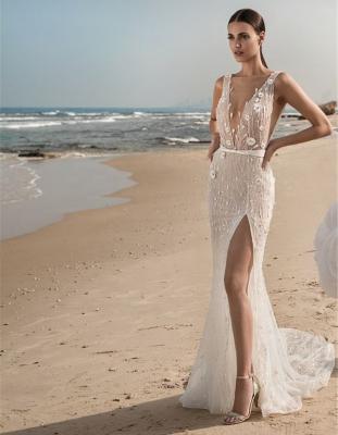 China Fashion Spain Beach Wedding Dresses Anti-Static Sexy Deep V Neckline Split Skirt Flower Bridal Gowns for sale