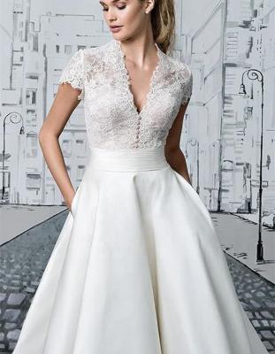 China Anti-Static Line Sleeves Wedding Dresses V-Neck Cap A-Line Tea Length Lace Up Bridal Gowns Appliqued for sale