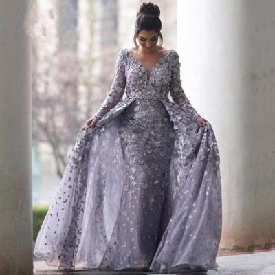 China Dusty Purple 3D Flower Lace Evening Dress Long Sleeve Sheath Anti-Static Evening Dress With Detachable Train for sale