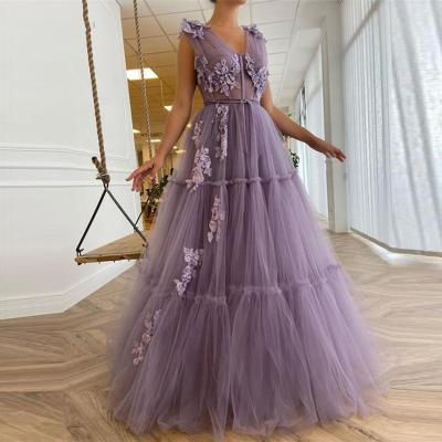 China Floor_length Tiered Line 3D Boho Anti-Static Lavender Tulle Evening Dress A Line Flowers Party Dress for sale