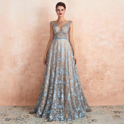 China Anti-Static Luxury Beading Appliqued Illusion Evening Dresses A Line Cap Sleeve Evening Gowns for sale