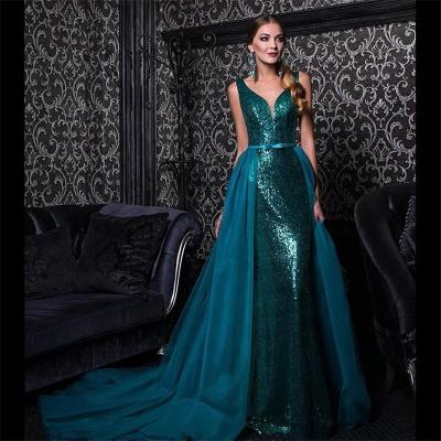 China Anti-Static Evening Gowns Deep V Backless Sequined Even Dresses With Detachable Train for sale