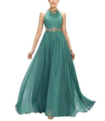 China Anti-wrinkle Beading Pleated Chiffon Prom Dress A Line Floor Length Halter Neckline Dinner Dress for sale