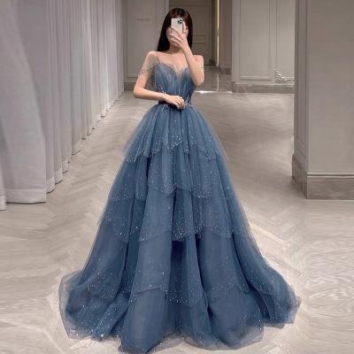 China Anti-wrinkle Layered Sweetheart Spaghetti Strap Women Evening Dresses Dusty Blue Prom Dresses Beading for sale