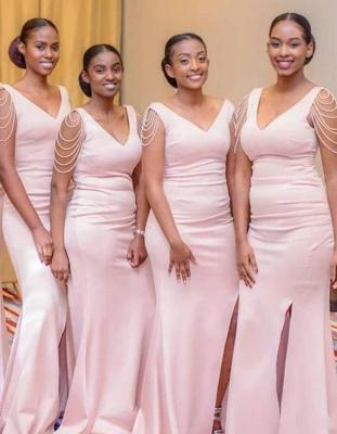 China Custom Made Maid Of Honor Gown V-Neck Satin Sheath Anti-Static Elegant Pink Bridesmaid Dress for sale