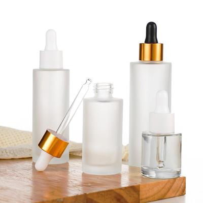 China Clear Frosted Amber Cosmetic Lotion Essential Oil Dropper Bottle 20ml 30ml 40ml 50ml 60ml 80ml 100ml Shoulder Cosmetic Flat Cylinder for sale