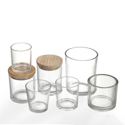 China Eco-friendly Recyclable Custom Luxury Transparent Clear Glass Label 200ml 320ml 430ml CandeJar Candle Empty Vessels With Wood Or Metal Lids for sale