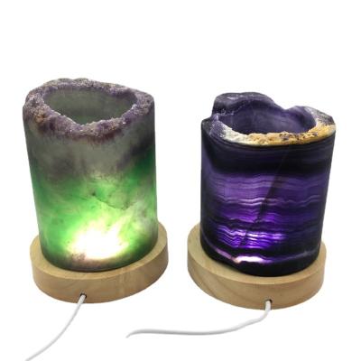 China China Rainbow Fluorite Lamp Quartz Crystal Column Cylinder Wooden Stand Hot Selling Night Light for sale