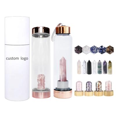 China Custom Quartz Bpa Crystal Infused Water Bottle Elixir Free Glass China Logo Natural Healing Obelisk Wand for sale