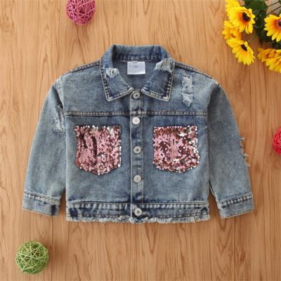 China SE9315 2021 Baby Sustainable Coat Child Long Sleeve Denim Jacket With Heart Shaped Sequin Jean Jacket Outwear for sale