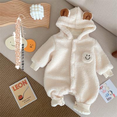 China SE1292 Polyester/Cotton Ribbed Baby Clothes Romper Baby Clothes Jumpsuit Lambswool Cartoon Bear Embroidery Padded Hooded Romper for sale