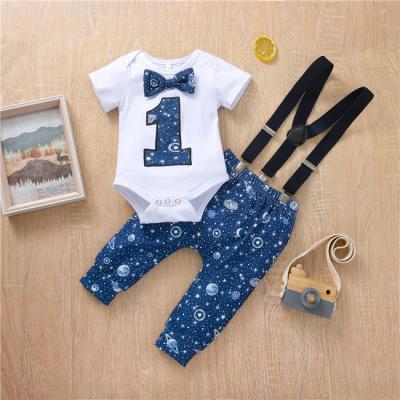 China Breathable Starry Sky Digital Print Romper Baby SE0126 One Year Short Sleeve Suspender 2 Pcs Suit Clothing Sets for sale