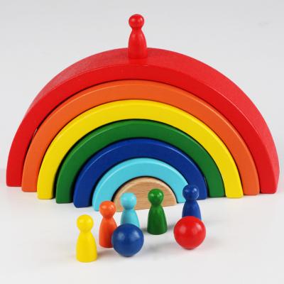 China DIY Building Brick 7 Pcs Vault Building Blocks Stacker Peg Dolls DIY Montessori Educational Large Rainbow Pastel Wooden Toy for sale