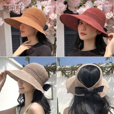 China New Arrival Outdoor Summer Breathable Knit Sun Hat Large Bowknot Brim Straw Hat Sunshade Hats For Women for sale