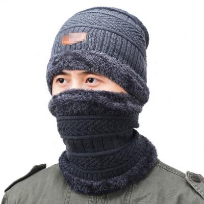 China COMMON Warm Winter Beanie Hat Scarf Cap Set Hot Sale 2-Pieces Knit Hat Thick Fleece Striped Winter Hats Mask For Women Mens for sale