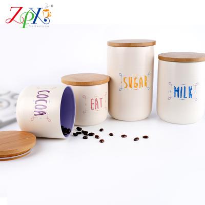 China Wholesale Viable Kitchen Sealed Ceramic Tank Container With Lid Storage Wooden Salt Storage Bottle Spices Jar for sale