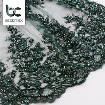 China 2021 handmade high quality green bridal lace fabric pearl beaded lace fabric high quality bridal beaded lace fabric for sale