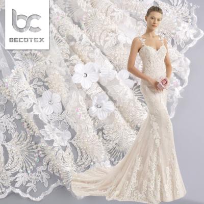 China 2021 Aplices lace fabric high quality anti-static white beaded bridal lace fabric pretty 3d pearl bridal for sale