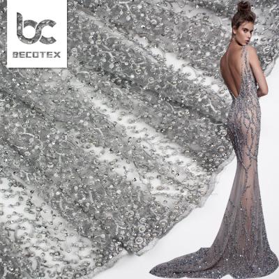 China 2021New Design Handmade Beaded Tulle Lace Fabric Wholesale Beads Beaded Sequin Lace Fabric for sale