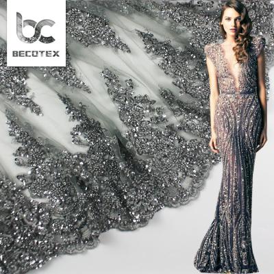 China 2021grey Pearl Lace Fabric Water Soluble Pearl Lace Fabric High Quality Bridal Beaded Lace Fabric for sale