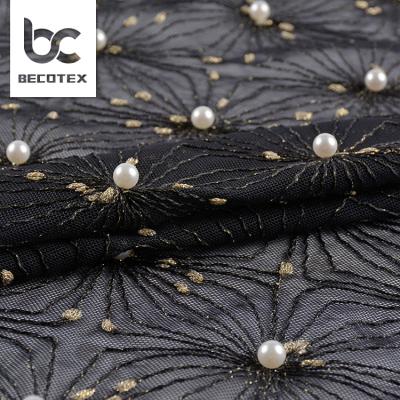 China Viable Wholesale Black Embroidery Beaded Pearl Lace For Dress Making for sale