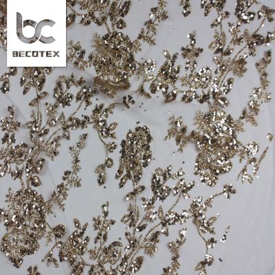 China 2021 Popular Rose Gold Elegant Glitter Tulle Lace Fabric Viable For Wedding for sale