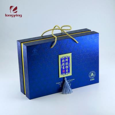 China Handmade Custom Royal Blue Cardboard Gift Box With Hot Stamp Ribbon Handle For 4 Pcs/6 Pcs Honey Jars Glass Packing Boxes for sale