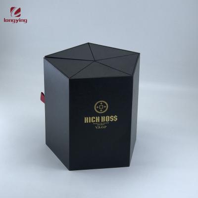 China Handmade Custom Logo Food Packing Boxes 100l/250/500ml Hexagon Boxes 100l/250/500ml Luxury Black Paper Wine Box Glass Bottle Packaging Packaging for sale