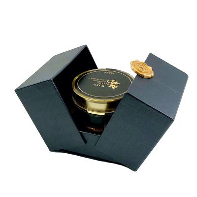 China Recyclable Custom Logo Luxury Golden Double Doors Knock Down Black Cardboard Boxes With Royal Honey Candles Glass Bottle For Gift Box Packaging for sale