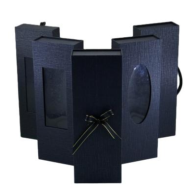 China Recyclable Custom Luxury Matte Black Textured Paper Magnetic Closure Box With PVC Windows Ribbons For Hair Wigs Cardboard Box Packaging for sale