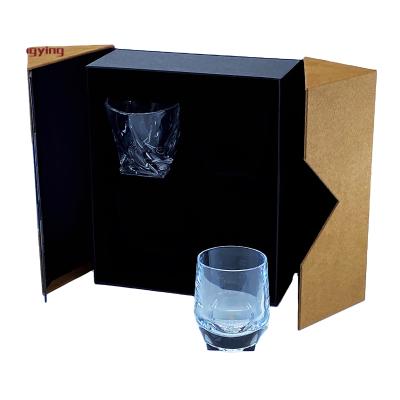 China Recyclable Custom Luxury Double Door Cotton Canvas Wine Box Packaging Cardboard Box With 4 Glass Bottle For Liquor Glass Gift Box for sale