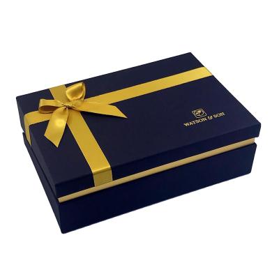 China Recyclable Custom Luxury Black Cardboard Boxes With Rose Gold Ribbon Satin Lining For Men Fits Mens Shirts Mens Clothing Packaging Box for sale