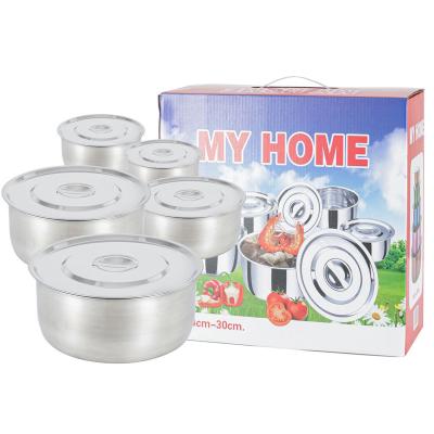 China Sustainable MY HOME hot selling 5pcs stock pot mixing pot stainless steel cookware with lid 14/18/22/26/30cm for sale