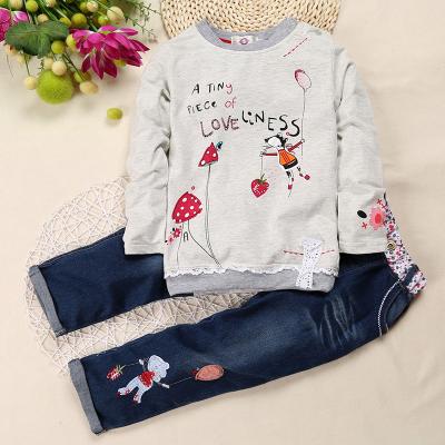 China 2PCS Boys Clothing Sets High Quality Autumn Long Sleeve Denim Kids Girls Suit Beige Floral Jeans Velvet Tracksuit 2Pcs Hoodie Clothes Sets for sale