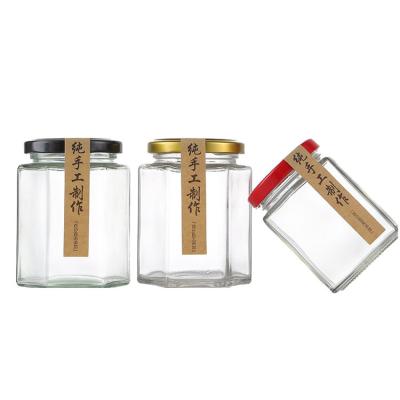 China High Quality Eco-friendly 45ml-730ml Clear Hexagon Glass Honey Jam Jar With Metal Lid for sale