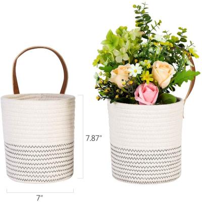 China 2 Pack Wall Hanging Cotton Storage Baskets Small Rope HANDLED Baskets with Woven Leather Organizer Handle Door Cabinet Baskets for Keys for sale