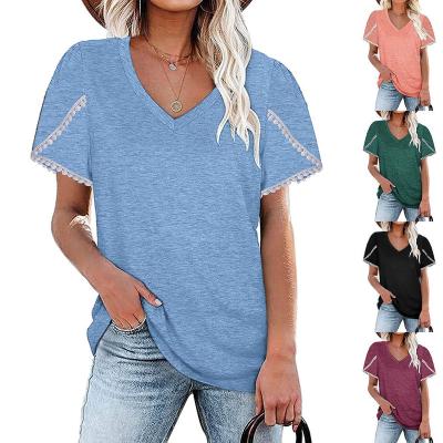 China 2022 new Anti-wrinkle border women's shirt spring summer pure color with lace petal v-neck sleeve T-shirt for sale